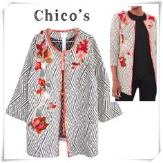 Chico’s Artisan Floral Applique Jacquard Open Front Kimono Blazer Jacket Size L 12 Petite / 2p Chico’s Size Chest 22” Lengths 26.5” Quarter Sleeves 18” Color : White, Black, Orange, Red Open Front Floral Applique Style:570227474 This In-Command Jacket Flaunts A Black-And-White Design Enhanced With Pops Of Luscious Color, Thanks To Its Printed Trim And Chic Applique Details. New With Tags !! Kimono Blazer, Silver Blazer, Ruffle Jacket, Jacquard Jacket, Textured Jacket, Lightweight Blazer, Open Front Blazer, Floral Denim, Knit Blazer