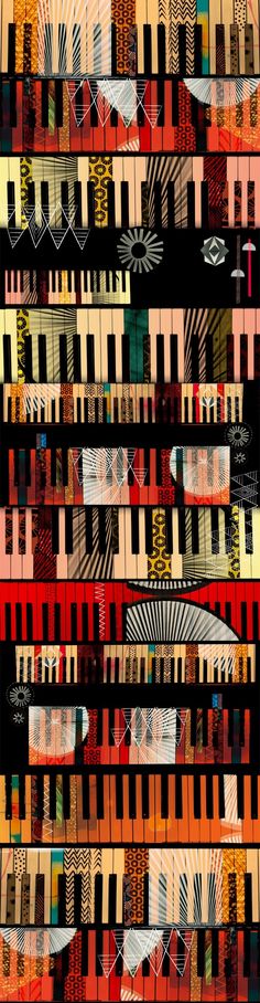 an abstract painting with many different colors and patterns on it's sides, including the piano