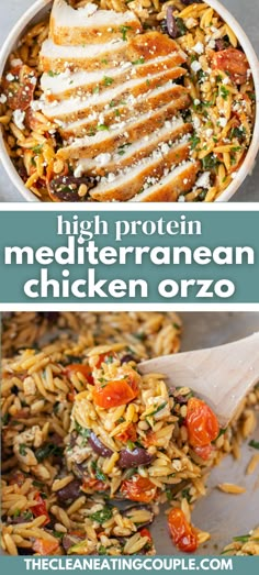 chicken and rice dish with text overlay that reads high protein mediterranean chicken orzo