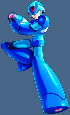 an animated character in blue and white with arms outstretched, pointing to the right side