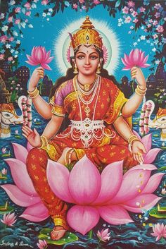 the hindu goddess sitting on top of a pink flower in front of water lilies