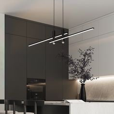 a modern kitchen with black and white decor