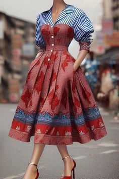 KAVAW - Striped Floral Midi Dress Ladies Party Dresses, Glamour Vintage, Elegant Midi Dresses, Floral Patchwork, Elegant Dresses For Women, Vintage Mode, Red Midi Dress, Turndown Collar, Moda Vintage