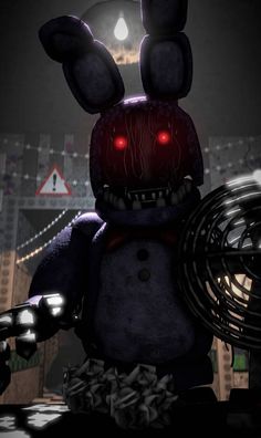 an animated image of a creepy bunny holding a fan in front of a city at night