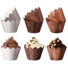 six different cupcakes with chocolate frosting and toppings on each one side