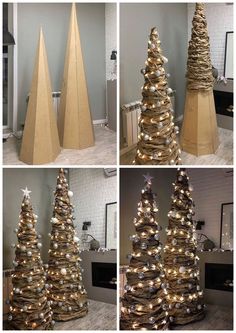 four different pictures of christmas trees made out of cardboard and wrapped in gold foil ribbons