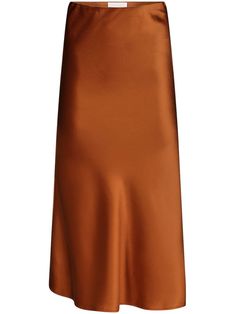 burnt orange satin finish bias cut concealed side zip fastening mid-length straight hem Rust Silk Skirt, Burnt Orange Satin Skirt Outfit, Formal Silk Midi Pencil Skirt, Elegant Orange Skirt For Work, Chic Orange Knee-length Skirt, Chic Knee-length Orange Skirt, Burnt Orange Clothes, Orange Satin Skirt, Burnt Orange Skirt