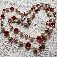 Miriam Haskell, Graceful Ruby Red Crystals With Pearls Necklace. Opera Length: 36" ( Can Be Used As Double Strand ) Elegant Red Necklace For Holiday, Vintage Red Jewelry For Holidays, Red Vintage Jewelry For Holidays, Red Vintage Holiday Jewelry, Elegant Red Long Necklace, Elegant Red Long Necklace For Gift, Elegant Holiday White Necklaces, Miriam Haskell Jewelry, Miriam Haskell