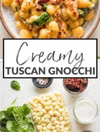 creamy tuscann gnocchi with spinach and sun dried tomatoes on the side