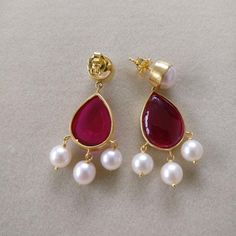 Ruby & Pearl Drop Dangling Earring Silver 925 Gold Filled | Etsy Pearl Earrings Gold Indian, Red Pearl Drop Jewelry For Anniversary, Red Round Pearl Drop Earrings, Red Pearl Drop Round Earrings, Red Pearl Drop Earrings, Cabochon Pearl Drop Earrings For Gift, Pearls Jewelry Diy, Small Earrings Gold, Ankle Bracelets Diy