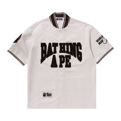 Find BAPE Baseball Jersey Short-sleeve Shirt 'ivory on Editorialist. BAPE Baseball Jersey Short-Sleeve Shirt 'Ivory' White Cotton Tops With Baseball Collar, White Baseball Collar Top For Streetwear, White Cotton Short Sleeve Baseball Jersey, White Cotton Baseball Jersey With Short Sleeves, White Tops With Graphic Print And Baseball Collar, Classic White Streetwear Shirt, Classic White Shirt For Streetwear, Classic White Shirt With Letter Print, Baseball Jersey Outfit