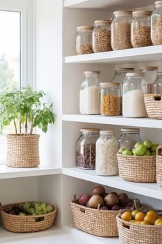 the shelves are filled with different types of food