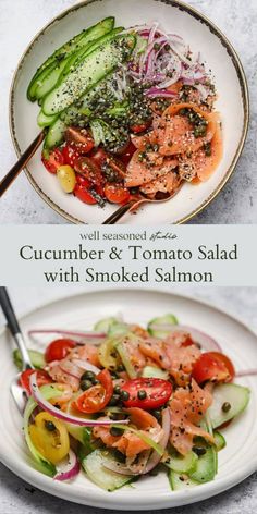 a plate with salmon, cucumber and tomato salad on it