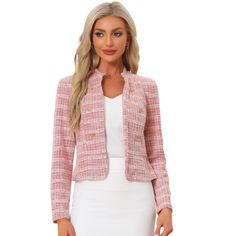 Step into timeless elegance with this vintage short tweed jacket. The stand collar and open front design create a sophisticated look that is perfect for work or office settings. Made from luxurious tweed fabric, this short jacket exudes a retro charm. The long sleeves provide extra coverage, while the button decor adds a stylish detail to the overall design. Believe you will need a jacket like this to perfect your outfit. Tweed Top Outfit, Vintage Tweed Jacket, Tweed Jacket Outfit, Holographic Fashion, Tweed Jackets, Tweed Top, Womens Tweed, Fashion Stand, Womens Jackets Casual