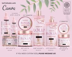 an ad for rolla cosmetics with pink flowers and leaves in the background, including two bottles