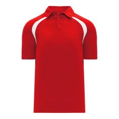 a red and white polo shirt with two contrastings on the collar, front and back