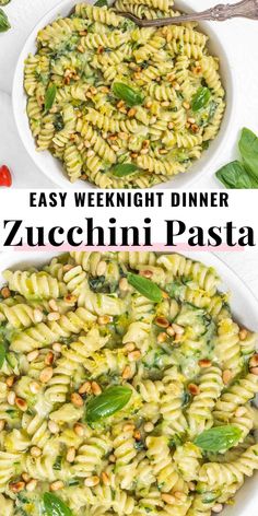 two bowls filled with pasta and spinach on top of a white table next to each other