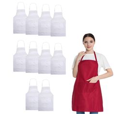 six white aprons with one woman wearing an apron