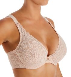 This bra features a gorgeous lace overlay and a dramatic plunge neckline adorned with scalloped trim and tiny satin bows. Made from polyamide, elastane and polyester. Underwire cup is sheer and unlined (unpadded) with a lace overlay and a vertical dart for shape. Plunge neckline has sewn-on elastic for fit with scalloped lace edges. Center - narrow, low, arched panel is more comfortable for high tummies, with an Aubade charm at top. Sewn-on elastic underband gives a closer fit. Tall sides of str Elegant Underwire Bra With Lace Bodice, Elegant Bra With Lace Bodice, Lace Bodice Bra For Weddings, Elegant Underwire Bra With Scalloped Lace, Lace Closure Bra For Wedding, Feminine V-neck Bra, Wedding Bra With Lace Closure, Feminine Fitted V-neck Bra, Feminine V-neck Fitted Bra