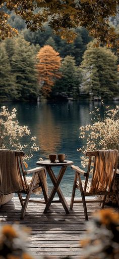 two wooden chairs sitting on top of a wooden pier next to a lake with trees in the background