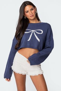 Knit Bow Cropped Sweater Cropped Cable Knit Sweater, Knit Bow, Bow Sweater, Lace Trim Shorts, Micro Skirt, Denim Sweater, Sweater Crop, Crop Sweater, Knitting Women