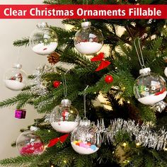 a christmas tree with ornaments hanging from it and the words clear christmas ornaments fillable