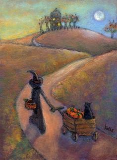 a painting of a person with a wagon full of pumpkins on a road that leads to a farm