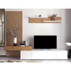 a living room with white furniture and wooden shelves on the wall, along with a flat screen tv