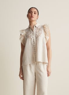 Hermione Linen Ramie Shirt | Flax | Restock Contrast Embroidery, Sleeve Ruffles, Linen Pant, Eyelet Embroidery, Hermione, Linen Pants, Minimal Fashion, Covered Buttons, Linen Shirt