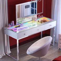 a white vanity table with a mirror and lights on it in front of a red wall