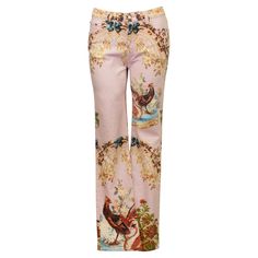 Roberto Cavalli printed five pocket jeans from S/S 2003. Pale pink with a beautiful Chinoiserie inspired print featuring florals, bows, lattice, pheasants and swans. Mid rise with flared leg. Many different elements of the print are highlighted with gold glitter. Signed fabric and tonal top stitching. Excellent vintage condition. Made in Italy. This S/S 2003 collection has made a resurgence with many celebrities wearing pieces from this quintessentially Y2K collection. Marked size S. Lux Closet, Roberto Cavalli Vintage, Dior Jeans, Cavalli Jeans, Dream Wishlist, Roberto Cavalli Dress, Clothes Reference, Metallic Jeans, Future Wardrobe