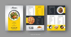 a restaurant menu design with yellow and black accents on the front, side and back