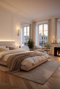 a large bed sitting in the middle of a bedroom next to two windows with lit candles on them