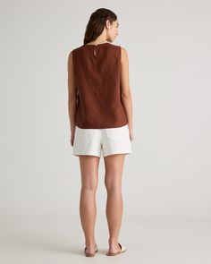 An all-year essential. This linen tank top is made from soft, textured 100% organic linen. It's perfect to layer under a cardigan or does just as well on its own on those warmer days. Especially with the matching linen pants.  | Quince | Women's Tank Top in Chocolate, Size XS, Linen Casual Linen Tank Top For Everyday, Casual Flax Linen Tank Top, Casual Everyday Linen Tank Top, Chic Everyday Linen Tops, Versatile Linen Top For Everyday, Versatile Everyday Linen Tops, Everyday Versatile Linen Tops, Chic Linen Top In Flax Color, Brown Linen Tops For Spring