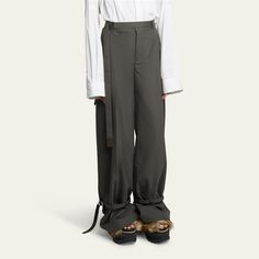 SACAI suiting pants with a belted waist Full length High rise Side slip pockets; back welt pockets Cargo flap pockets Tapered legs Belted cuffs Wool/polyester Dry clean Made in Japan High-waisted Wide Leg Pants With Belted Cuffs, Formal Pants With Belt For Spring, Fitted Pants With Belted Cuffs For Spring, Spring Fitted Pants With Belted Cuffs, Spring Formal Pants With Belt, Office Pants With Belted Cuffs For Fall, Fall Office Pants With Belted Cuffs, Fitted Trousers With Belted Cuffs, Fitted Office Pants With Belted Cuffs