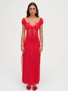 Casey Maxi Dress | For Love & Lemons Perfect Wedding Guest Dress, Romantic Lingerie, Red Satin Dress, Red Bralette, Red Cocktail, Red Cocktail Dress, Corded Lace, Guest Dress, For Love & Lemons