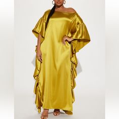 Satin Maxi Dress 3/4 Sleeves Boat Neckline Ruffle Trim Stretch 96% Polyester 4% Spandex Long Gold Maxi Dress For Summer, Fitted Gold Maxi Dress For Vacation, Gold Fitted Maxi Dress For Vacation, Chartreuse Fashion, Rich Auntie, Halter Top Maxi Dress, Red Bandage Dress, Tropical Print Maxi Dress, Leopard Maxi Dress