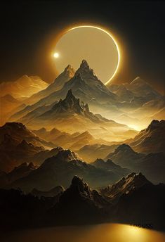 an artistic painting with mountains and a moon in the sky