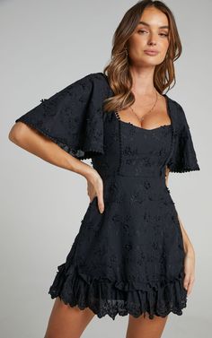 Fancy A Spritz Mini Dress In Black Embroidery | Showpo Square Neck Floral Embroidery Party Dress, Party Dress With Floral Embroidery And Square Neck, Square Neck Dress With Floral Embroidery For Party, Floral Embroidered Square Neck Party Dress, Floral Embroidered Square Neck Dress For Party, Black Graduation Dress, Dress Elegant Short, Steps Dresses, Square Neck Mini Dress