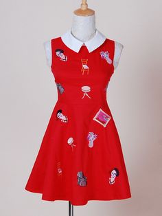 childhood memories embroidery dress Sleeveless Cotton Dress With Cartoon Print, Red A Line Dress, Patterned Dress, Super Cute Dresses, Cartoon Icons, Fashion People, Embroidery Dress, Cute Dress, Cool Patterns