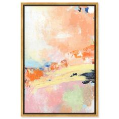 an abstract painting with pink, yellow and blue colors on the bottom half of it