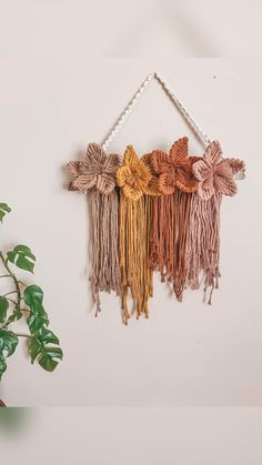 the wall hanging is decorated with different colored tassels and beads, along with a potted plant