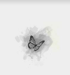 a black and white photo of a butterfly on a white background with watercolor stains