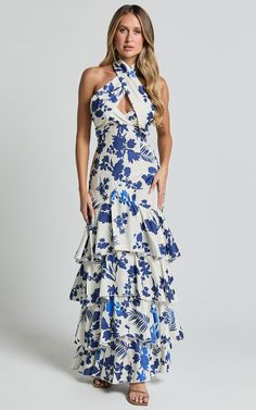 Talia Maxi Dress - Halter Neck Layered Dress in Blue and White Print Spring Blue Floral Print Halter Dress, Fitted Blue Floral Print Halter Dress, Blue Floral Print Halter Neck Dress, Blue Floor-length Floral Print Dress, Beach High-low Hem Maxi Dress With Floral Print, Blue And White Print, Basic Black Dress, Spring Maxi Dress, Bachelorette Dress