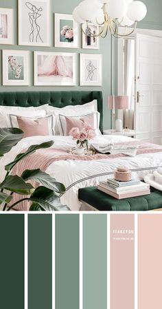 a bedroom with pink, green and white colors on the walls is featured in this color scheme