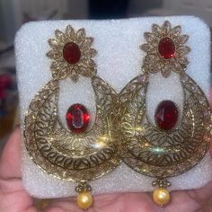 Fashion Earrings- Juumka’s With Gold Details And Red Embellishments - Handmade Boutique Item Elegant Red Hoop Earrings For Formal Occasions, Jeweled Round Metal Earrings, Ornate Jeweled Earrings For Festive Occasions, Red Earrings For Formal Festive Occasions, Ornate Red Earrings For Party, Red Festive Earrings For Formal Occasions, Red Formal Earrings For Festive Occasions, Festive Metal Jeweled Earrings, Traditional Crystal Party Earrings