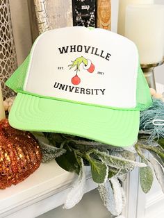 Whoville University Grinch Christmas Trees Holiday Patch Foam Trucker Hat Winter Fall College Hats Custom Hats Hat Trip - Etsy Casual Holiday Hat With Curved Brim, Adjustable Casual Hats For Holiday, Casual Curved Brim Hats For Holiday, Casual Curved Brim Hat For Holidays, Casual Curved Brim Holiday Hat, Adjustable White Trucker Hat For Winter, Adjustable Hat With Curved Brim For Holidays, Adjustable Curved Brim Holiday Hats, Adjustable Curved Brim Hat For Holiday