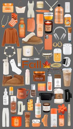 an assortment of fall products displayed on a gray background