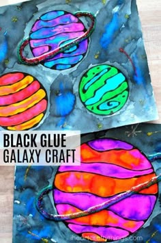 two black glue galaxy craft for kids to make with paper and glue on the surface