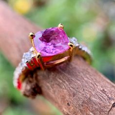 a pink ring sitting on top of a piece of wood next to a tree branch